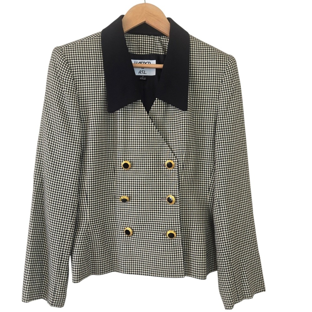 Vintage Kasper ASL Blazer Womens 6 Double Breasted Check Gold Buttons Black